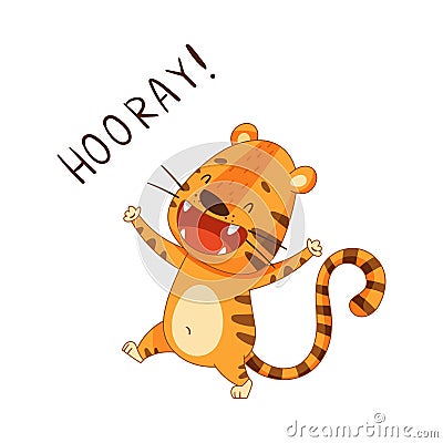 Cute little tiger exclaiming hooray. Adorable baby animal character cartoon vector illustration Vector Illustration