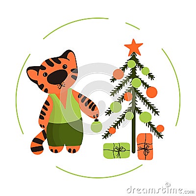 Cute little tiger in green suit celebrates happy new year and decorates the Christmas tree. Vector flat illustration hand drawn. Vector Illustration