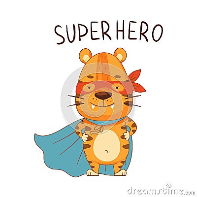 Cute little tiger superhero in blue cape and mask. Adorable baby animal character cartoon vector illustration Vector Illustration