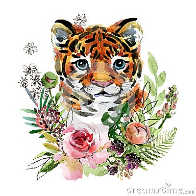 Cute little Tiger watercolor illustration. wild baby animals series. Cartoon Illustration