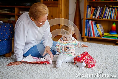 Cute little toddler girl and grandmother playing with toys at home. Adorable baby child and senior retired woman Stock Photo