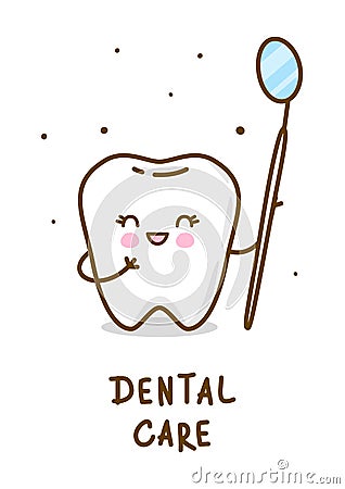 Cute little tooth with dental mirror instrument isolated on white Vector Illustration