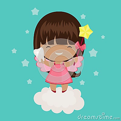 Cute little tooth fairy on a cloud Vector Illustration