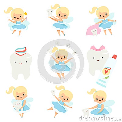 Cute Little Tooth Fairy and Healthy Baby Teeth Set, Lovely Blonde Fairy Girl Cartoon Character in Light Blue Dress with Vector Illustration