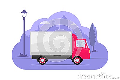 Cute little truck on city silhouette background. Pink lorry on purple monochrome background. Truck concept illustration for app or Cartoon Illustration
