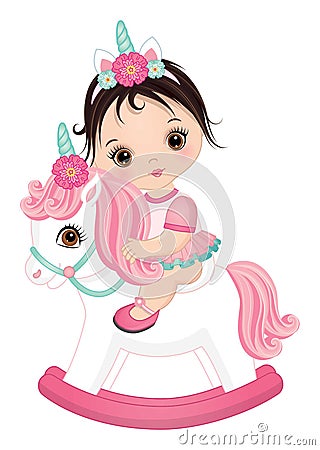 Cute Little Baby Girl Riding Unicorn Vector Illustration