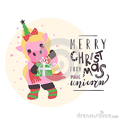 Cute little unicorn baby with green horn with star, boots and scarf with gift box Vector Illustration