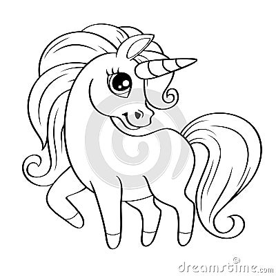 Cute little unicorn. Vector black and white illustration for coloring book Vector Illustration