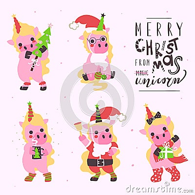 Cute little unicorns Christmas collection Vector Illustration