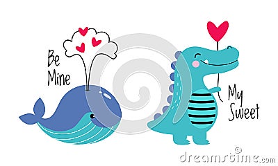 Cute Little Whale and Crocodile with Heart as Valentine Day Celebration Vector Set Vector Illustration