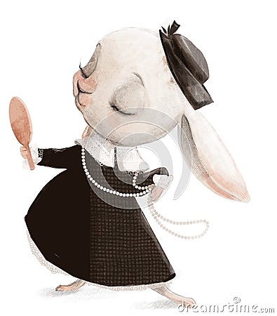 Cute little white cartoon hare lady Stock Photo