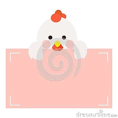 Cute little white chick holding text memo card, chicken front face. Vector Illustration