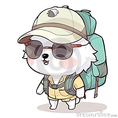 Cute little white puppy dog traveller, adventurer, cartoon chibi style, AI generative Cartoon Illustration