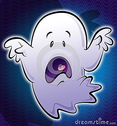 Cute little white scary cartoon ghost illustration in blue background Stock Photo