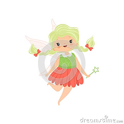 Cute Little Winged Fairy with Braids, Lovely Flying Girl Character in Fairy Costume with Magic Wand Vector Illustration Vector Illustration