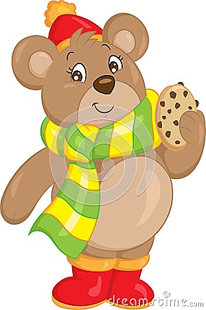 Cute little winter teddy bear holding a biscuit with color Vector Illustration