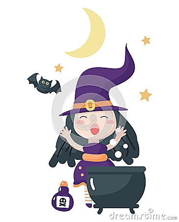 Cute little witch brewing potion in cauldron vector illustration Vector Illustration