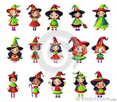 Cute Little Witch girl Cartoon Character in Christmas Costume. Vector illustration eps10 Vector Illustration