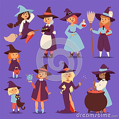 Cute little witch hag harridan vixen with broom cartoon cat for print on bag magic Halloween card fantasy young girls Vector Illustration