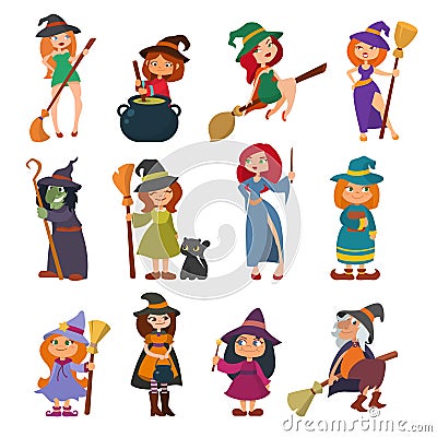 Cute little witch hag harridan vixen with broom cartoon magic Halloween young girls character costume hat vector Vector Illustration