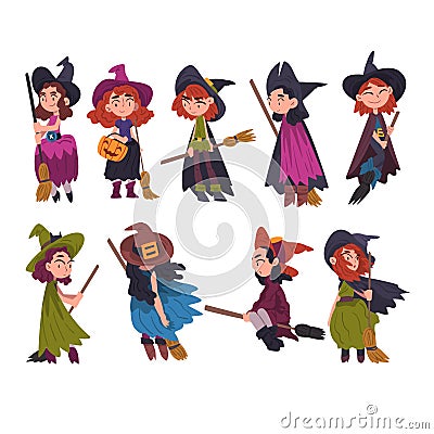 Cute Little Witches Collection, Girls Wearing Dress and Hat with Brooms, Halloween Cartoon Characters Vector Vector Illustration