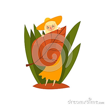 Cute little woman standing in high grass with a leaf of a tree in her hands, fairy creature on beautiful natural Vector Illustration