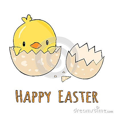 Cute little yellow chick in cracked eggs and egg shell with sign text happy easter, grunge vector graphic illustration Vector Illustration