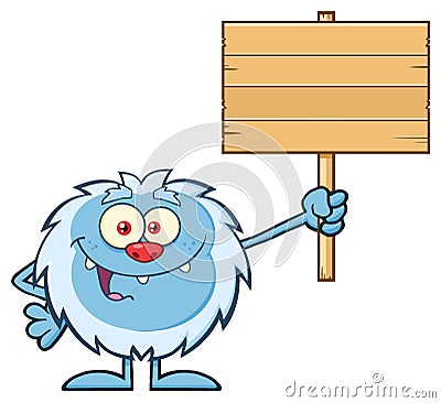 Cute Little Yeti Cartoon Mascot Character Holding To A Wooden Blank Sign Vector Illustration