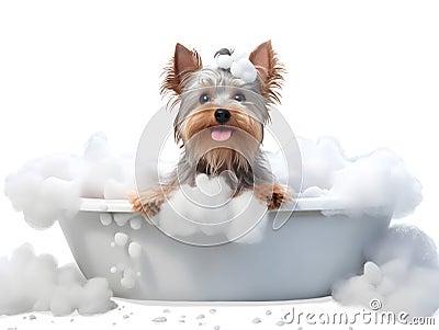 Cute little Yorkshire Terrier dog in a bath with foam, isolated on white background, cute pet concept, realistic 3d illustration, Cartoon Illustration