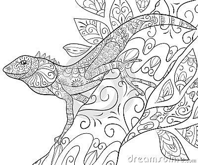 Adult coloring book,page a cute lizard on the brunch image for relaxing. Vector Illustration