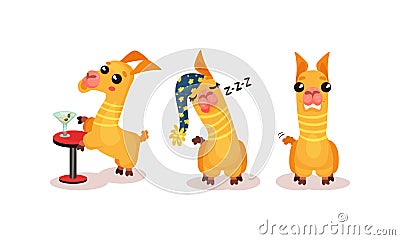 Cute Llama or Alpaca Animal Drinking Cocktail and Sleeping Vector Set Vector Illustration