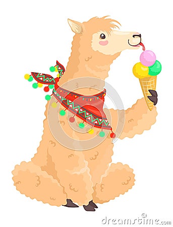 Cute llama alpaca leaking ice-cream vector icon Vector Illustration