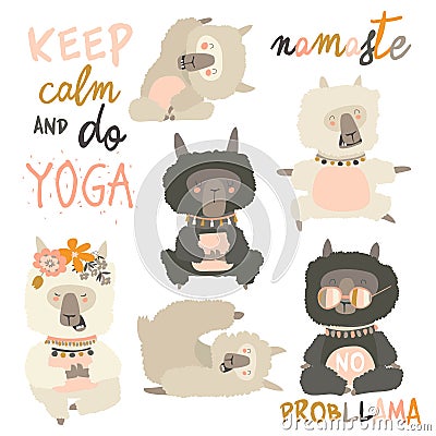 Set of cute llama alpaca in yoga asana postures Vector Illustration