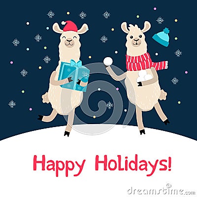 Cute llama Christmas card. Alpaca cartoon winter greeting card. Vector Illustration