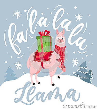 Cute llama Christmas card with lettering inscription Vector Illustration