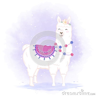 Cute Llama hand drawn cartoon illustration, watercolor background Vector Illustration