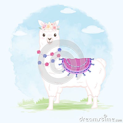 Cute Llama hand drawn cartoon illustration watercolor backgroundon Vector Illustration