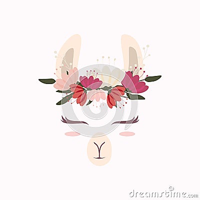 Cute llama head with beautiful flower crown Vector Illustration