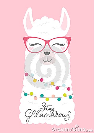 Cute llama head illustration with doodles and lettering inscription Vector Illustration