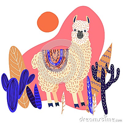 Cute llama with leaves and cactuses, template for card and your design. Hand drawing flat doodles vector Vector Illustration