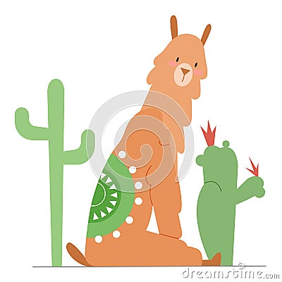 Cute llama sitting between cactuses Vector Illustration