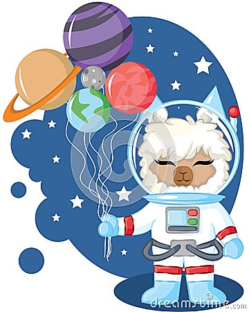 Cute llama in space. Cartoon doodle astronaut llama character vector design. Hand drawn vector illustration with balloon planet Vector Illustration