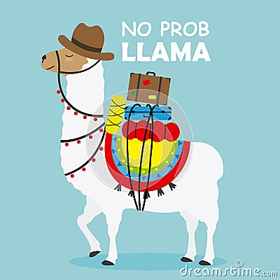 Cute Llama with travel suitcases on top Vector Illustration