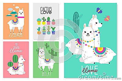 Cute llamas, alpacas and cactus illustrations Vector Illustration