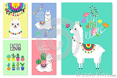 Cute llamas, alpacas and cactus illustrations Vector Illustration