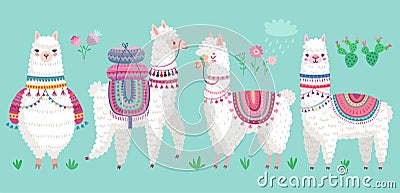 Cute Llamas. Funny hand drawn alpaca characters Vector Illustration