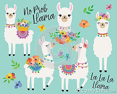 Cute Llamas with Spring Flowers Vector Illustration. Vector Illustration