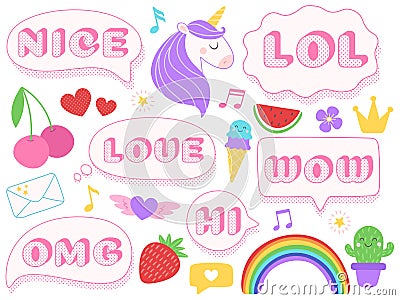 Cute lol stickers. Wow, omg and nice girls doll sticker. Funny surprise pink patches with dotted texture isolated vector set Stock Photo