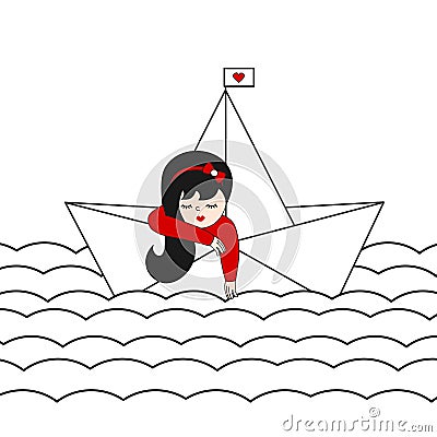 Cute lonely girl in a paper boat sailing in the sea vector illustration Vector Illustration