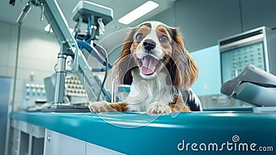 A cute longhair white dog is waiting to be treated on an examination table in an animal hospital. A close-up realistic picture of Stock Photo